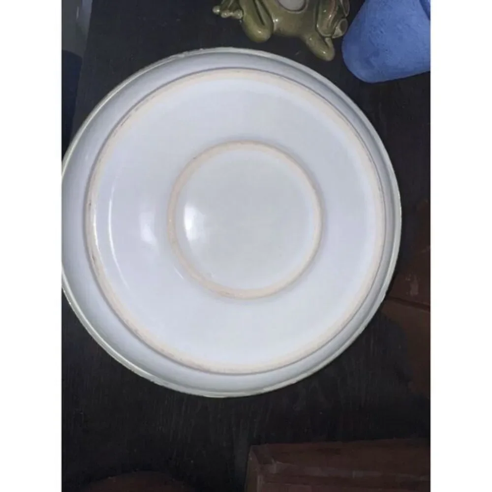 Set‎ Of Two White Ceramic Salad Trys With Wooden Handles And Chrome Rims.